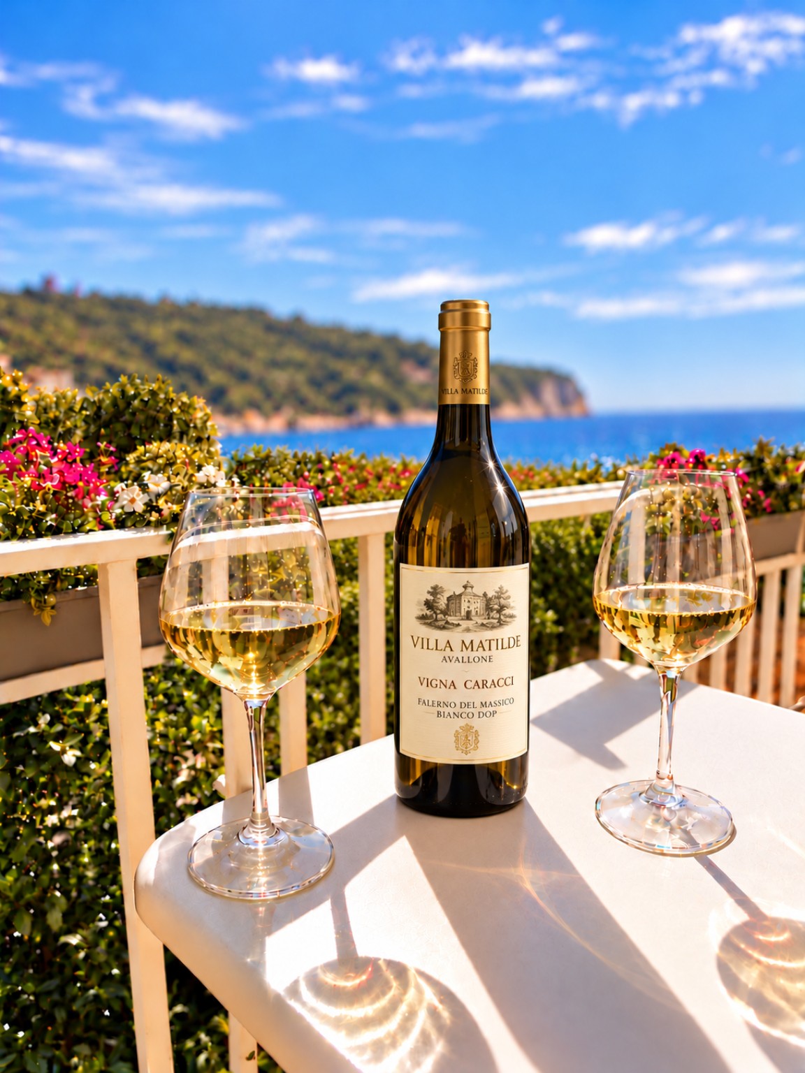 Vino bianco Villa Matilde con due calici e panorama marino